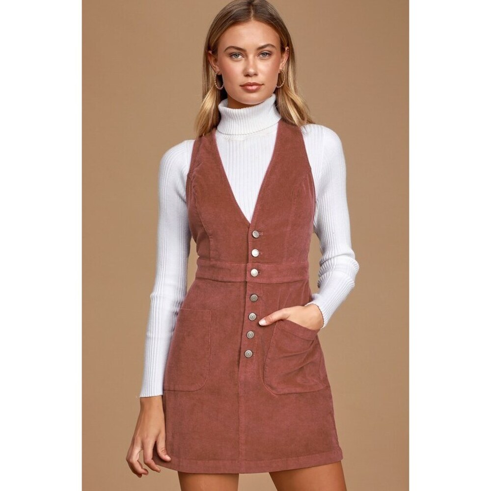 NWT Lulus Wander My Way Rusty Rose Corduroy Pinafore Dress Pink - Size S